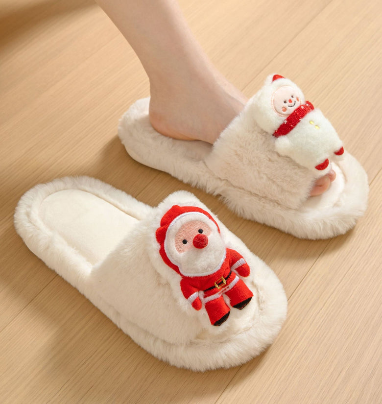 Sapatos de Natal Ins Papai Noel Pantufas de Algodão Abertas Inverno Casa Interior Piso Pelúcia Quente Pantufas Peludas Mulheres